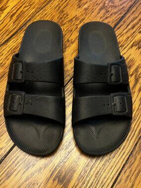 Women's MOSES Black Double-Strap Slide Sandals with Adjustable Buckles Size 7.5